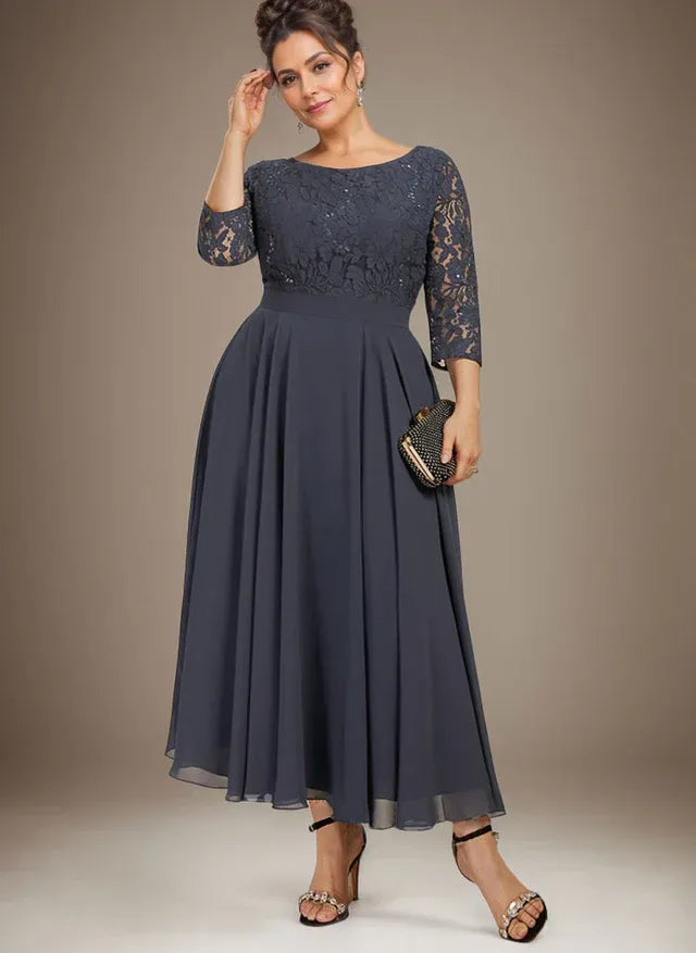 A-Line Scoop Neck Tea-Length Lace Chiffon Mother of the Bride Dress with Sequins