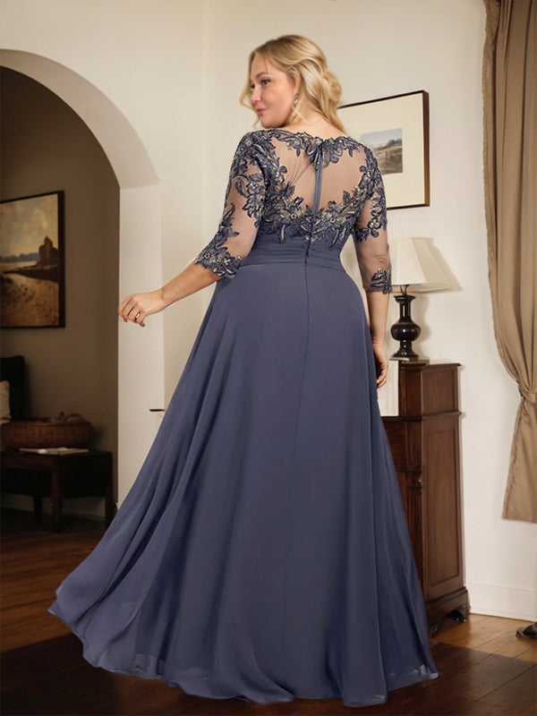 A-Line Scoop Neck Illusion Floor-Length Lace Chiffon Mother of the Bride Dress with Cascading Ruffles