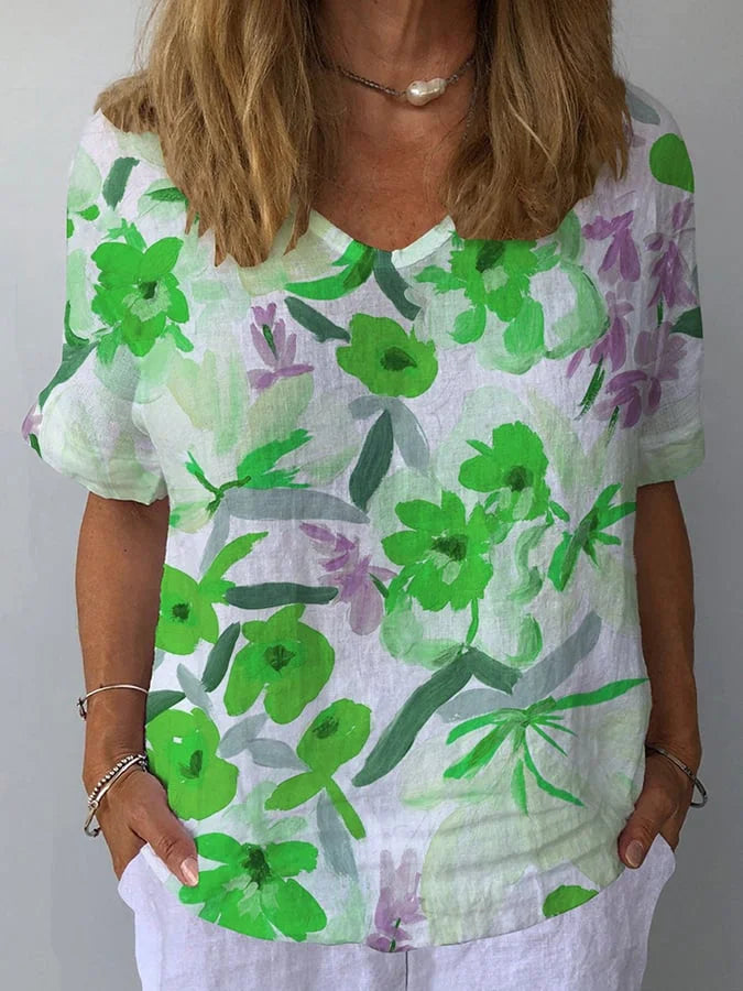 Elina Retro Floral Linen Top