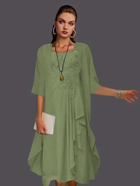 Two-Piece A-Line Chiffon Lace Sleeveless Jacket Dress with Pleats and Appliques