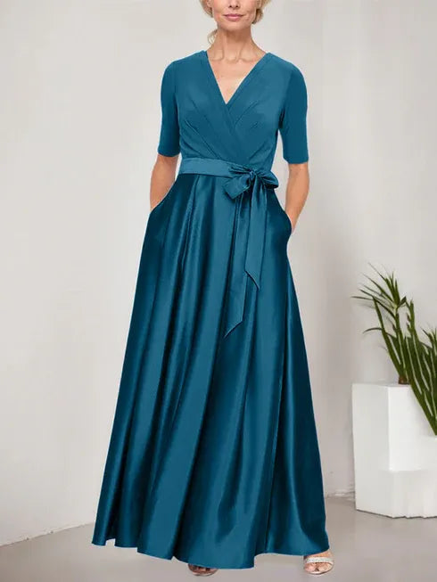 Surplice Neckline Ballgown with Full Satin Skirt and Jersey Bodice