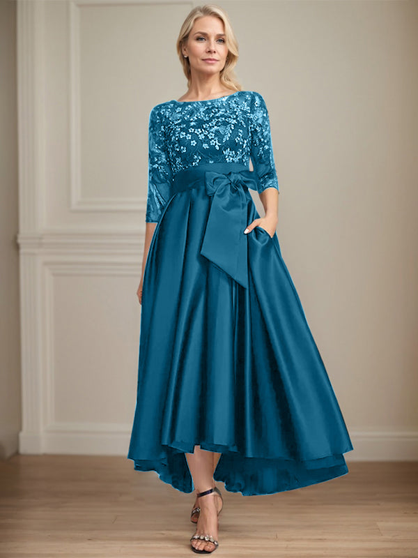 A-Line Scoop Neck Illusion Asymmetrical Satin Lace Mother of the Bride Dress with Bow