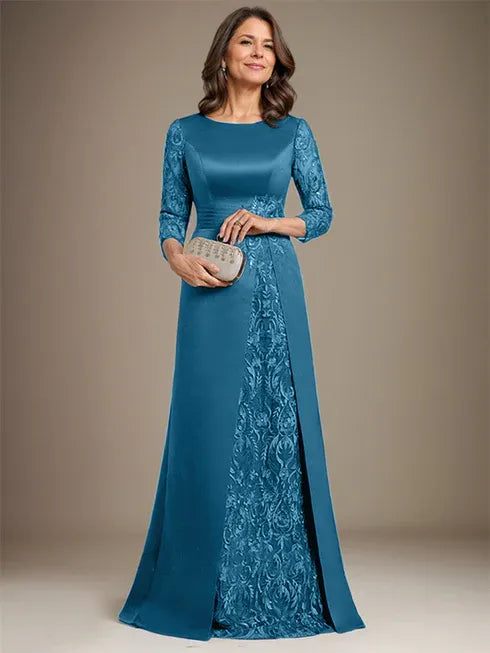 Floor-Length A-Line Lace Satin Mother of the Bride Dress with Scoop Neck and Applique