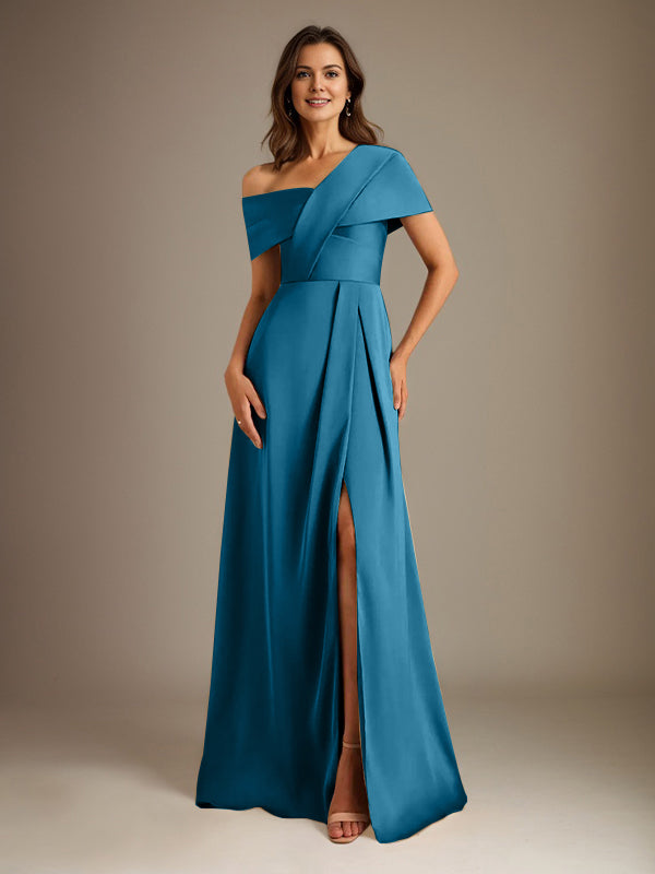 A-Line Satin Mother of the Bride Dress with Asymmetrical Neckline, Floor-Length, and Pleated Design