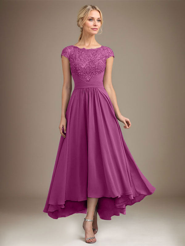 A-Line Scoop Neck Illusion Asymmetrical Lace Chiffon Mother of the Bride Dress with Pleats