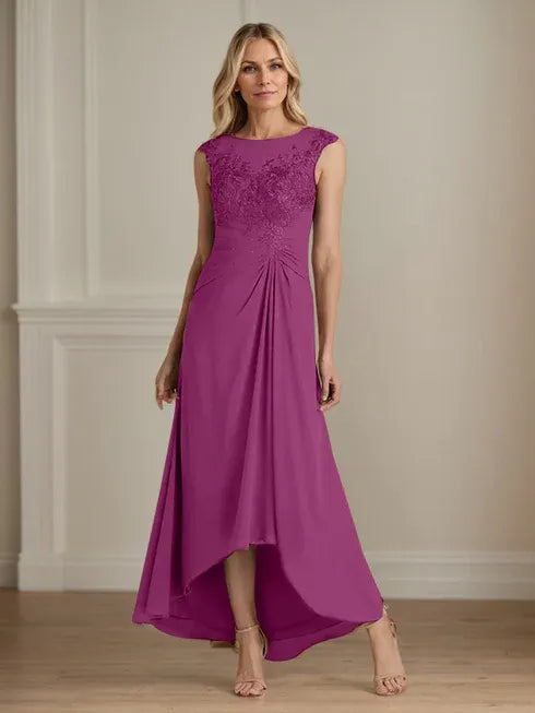 Champagne A-Line Lace and Chiffon Scoop Neck Dress