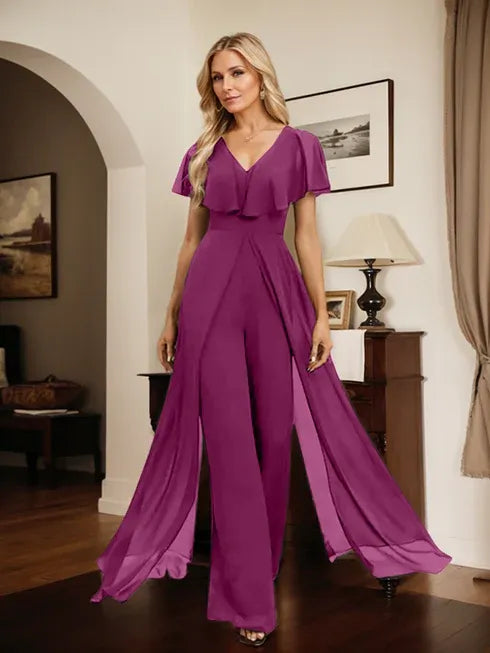 V-Neck Floor-Length Chiffon Jumpsuit/Pantsuit Evening Dress
