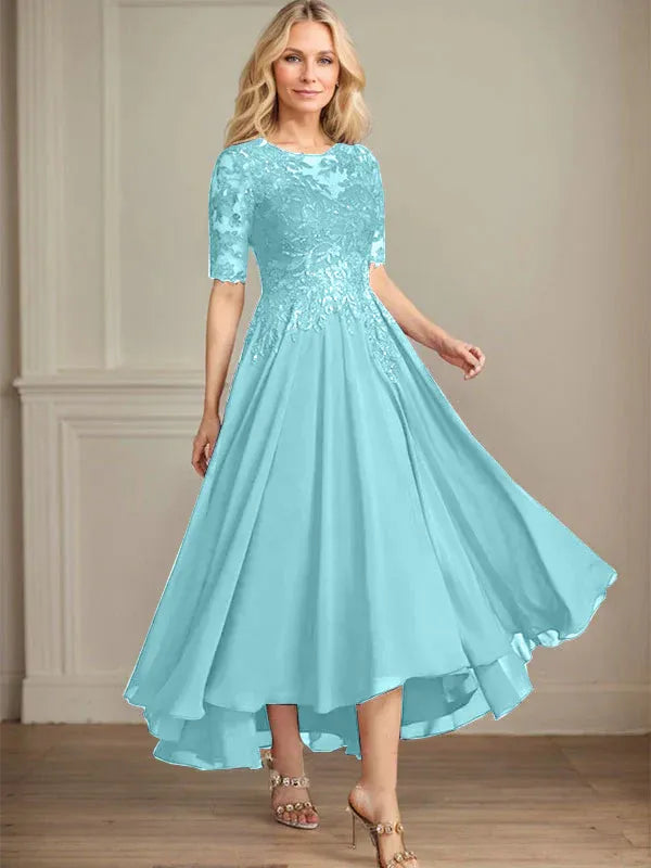 A-Line Scoop Neck Illusion Asymmetrical Chiffon and Lace Mother of the Bride Dress with Sequins