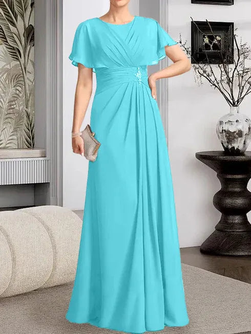 A-Line Scoop Neck Floor-Length Chiffon Mother of the Bride Dress with Pleated Beading