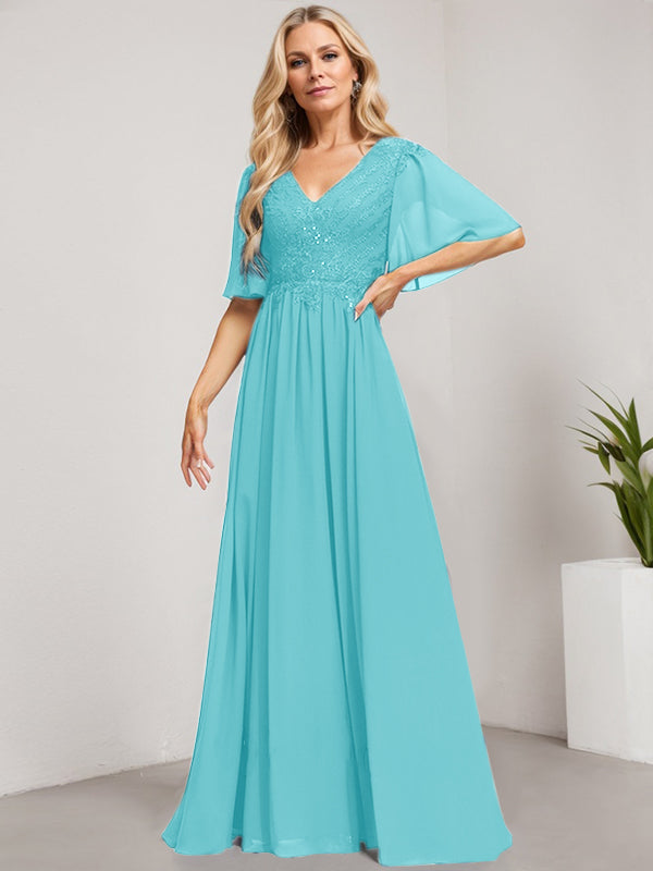 A-Line V-Neck Floor-Length Lace Chiffon Mother of the Bride Dress with Sequins