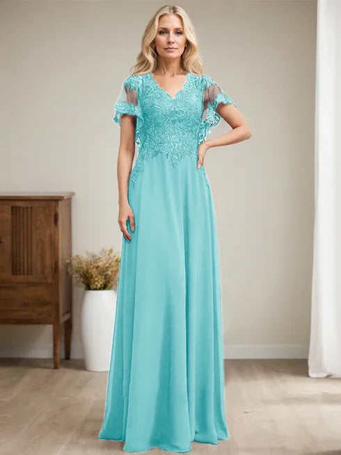 A-Line V-Neck Floor-Length Lace Chiffon Mother of the Bride Dress with Sequins