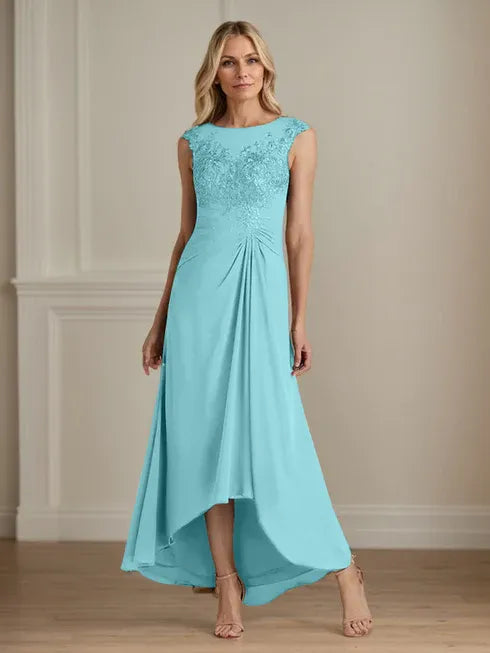 Champagne A-Line Lace and Chiffon Scoop Neck Dress