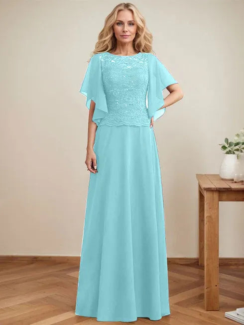 A-Line Scoop Neck Illusion Floor-Length Lace Chiffon Mother of the Bride Dress with Sequins