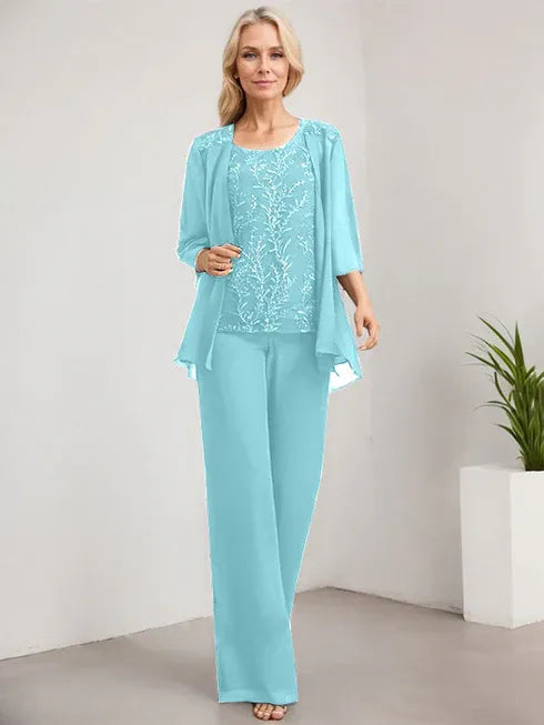 Floor-Length Lace Chiffon Mother of the Bride Jumpsuit/Pantsuit with Scoop Neck and Sequins