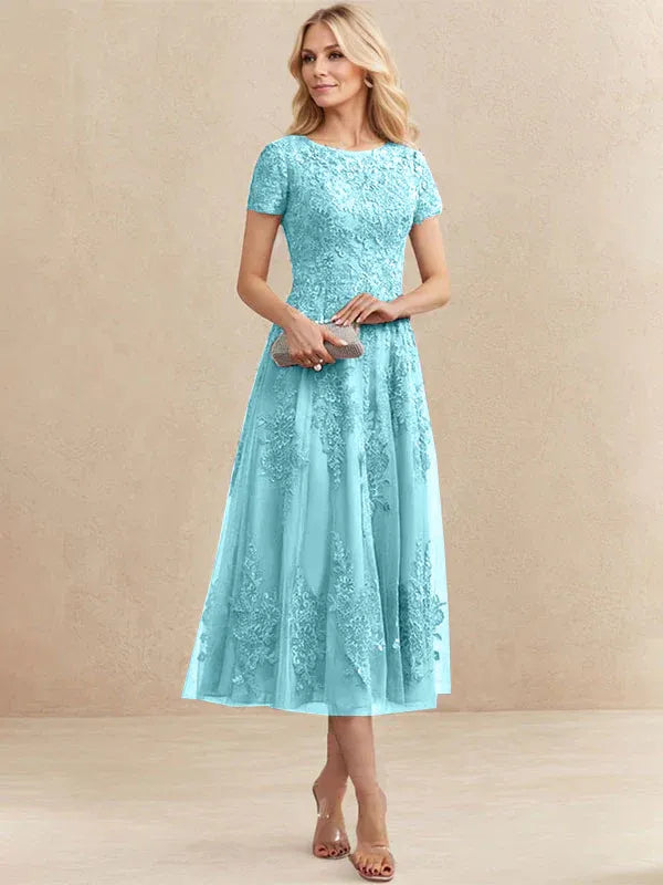 A-Line Scoop Neck Tea-Length Tulle Lace Mother of the Bride Dress