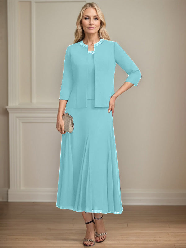 A-line Scoop Tea-Length Chiffon Mother of the Bride Dress with Sequins and Beading Separates