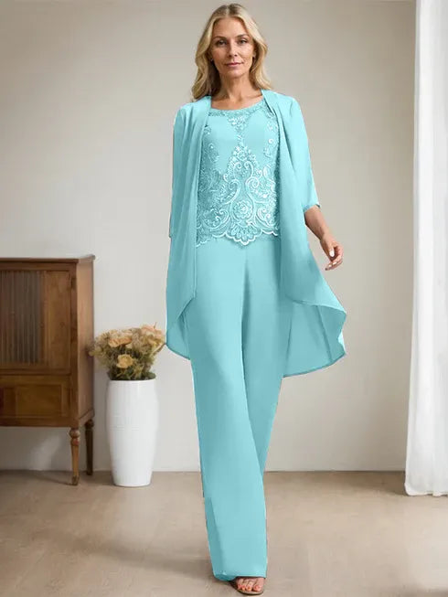 Floor-Length Chiffon Lace Mother of the Bride Jumpsuit/Pantsuit with Scoop Neck, Beading, and Sequins