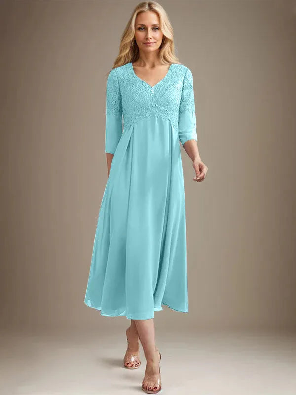 A-Line V-Neck Tea-Length Chiffon Lace Mother of the Bride Dress with Beading