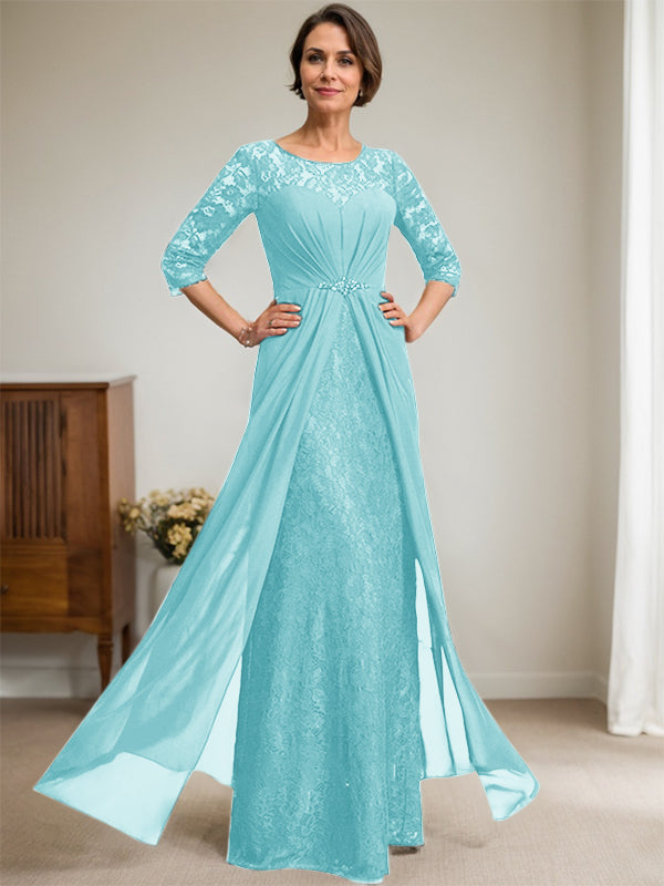A-Line Scoop Neck Illusion Floor-Length Lace Chiffon Mother of the Bride Dress with Beaded Ruffles