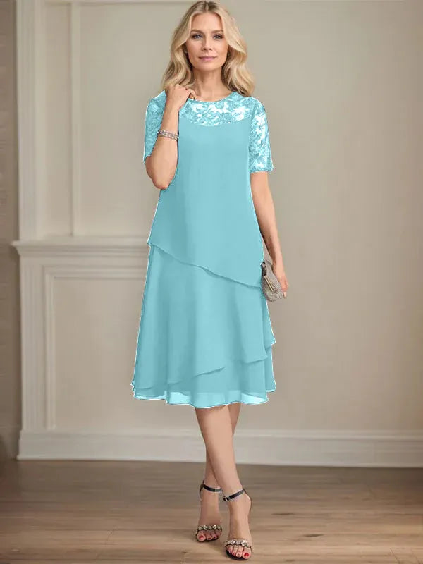 A-Line Scoop Neck Illusion Knee-Length Lace Chiffon Mother of the Bride Dress with Sequins