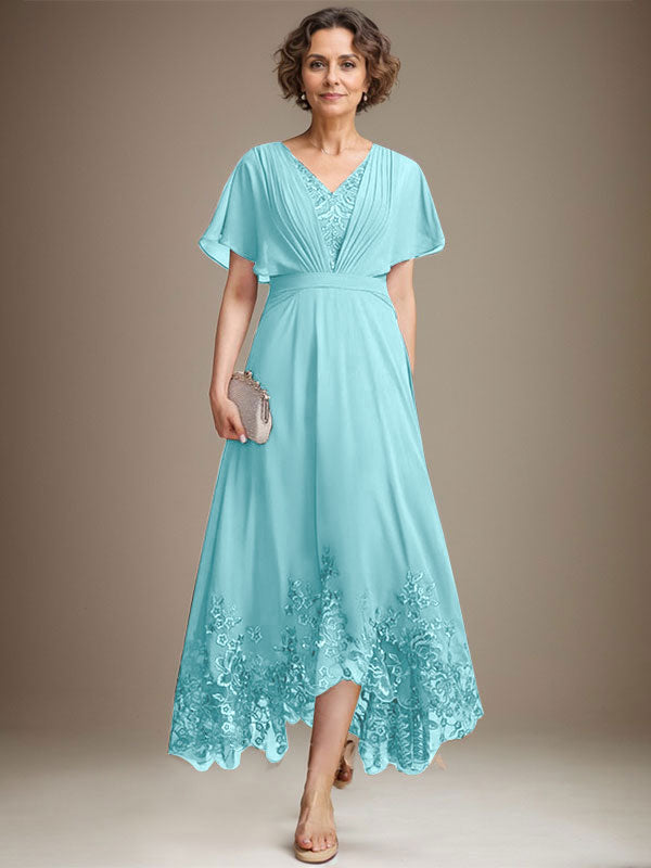 A-Line V-Neck Asymmetrical Lace Chiffon Mother of the Bride Dress with Pleats