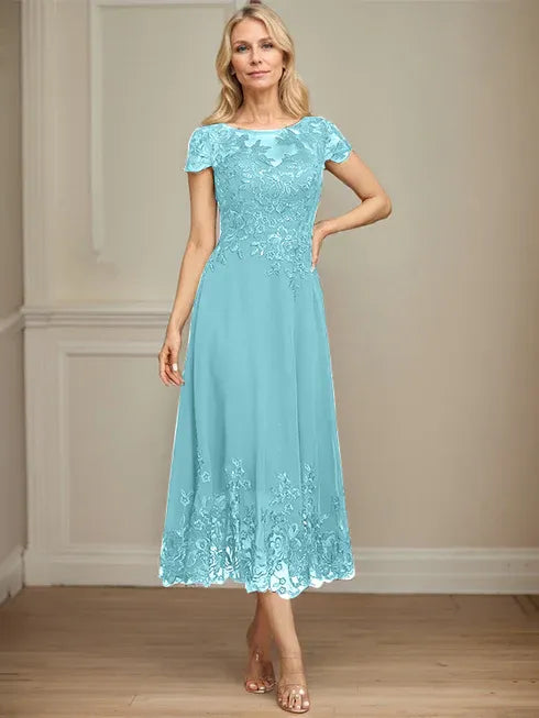 A-Line Illusion Scoop Tea-Length Lace Chiffon Mother of the Bride Dress with Sequins