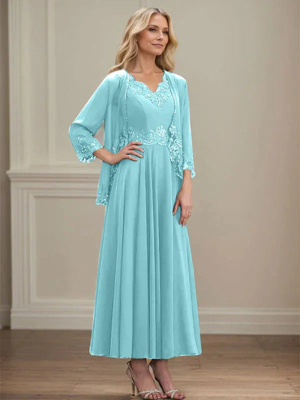 A-Line V-Neck Chiffon Mother of the Bride Dress with Sequins, Appliques, Lace, and Beading at Ankle Length