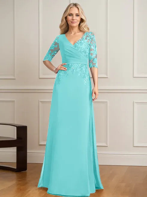 A-Line V-Neck Floor-Length Lace and Chiffon Mother of the Bride Dress with Pleated Sequins