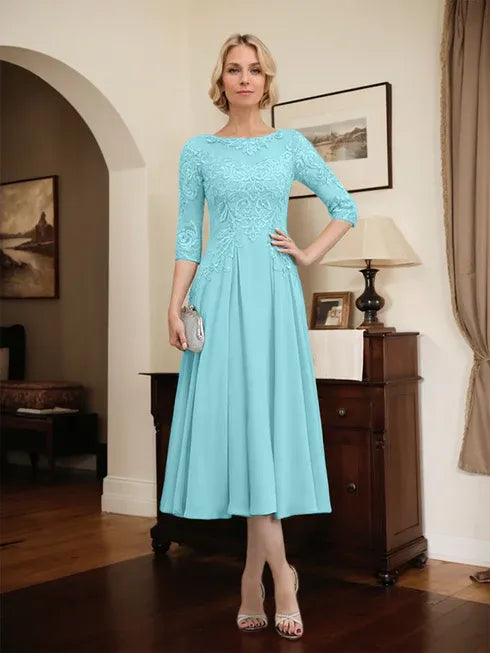 A-Line Scoop Neck Illusion Tea-Length Chiffon and Lace Mother of the Bride Dress with Beading and Sequins