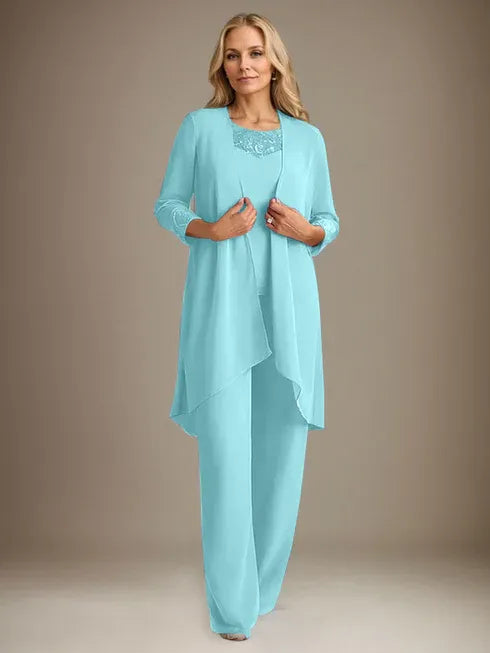 Chiffon Scoop Neck Long Sleeve Mother of the Bride Pantsuit with Jacket