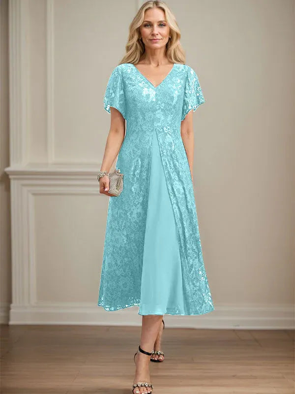 A-Line V-Neck Tea-Length Lace Chiffon Mother of the Bride Dress