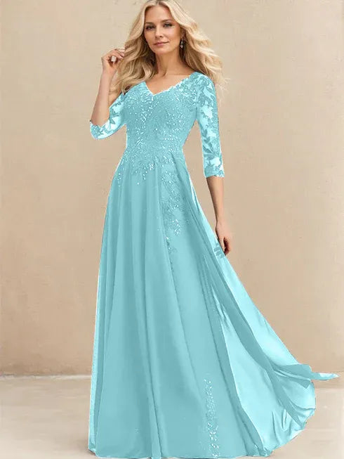 A-Line V-Neck Floor-Length Lace Chiffon Mother of the Bride Dress with Sequins