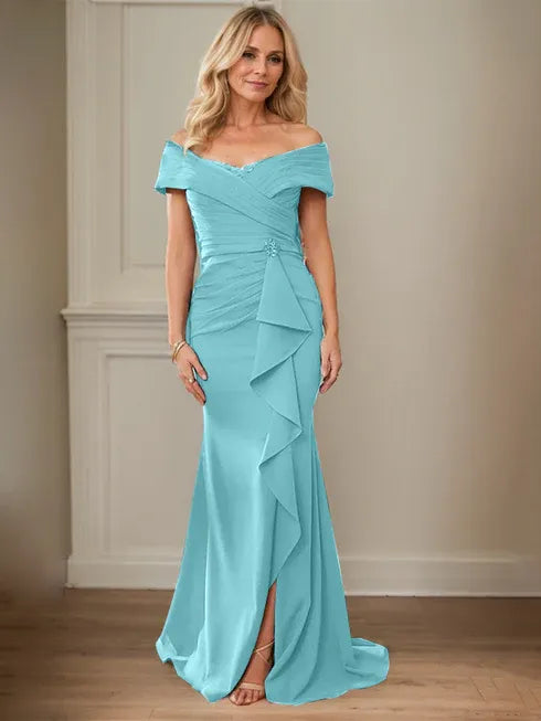 Floor-Length Lace and Chiffon Mother of the Bride Dress with Sheath/Column V-Neck Illusion and Pleated Sequins