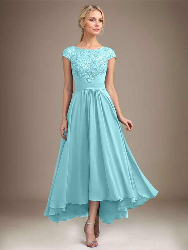 A-Line Scoop Neck Illusion Asymmetrical Lace Chiffon Mother of the Bride Dress with Pleats