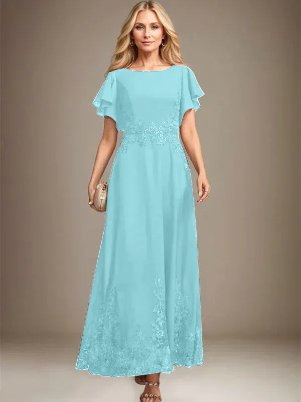 A-Line Scoop Neck Ankle-Length Lace and Chiffon Mother of the Bride Dress with Sequins