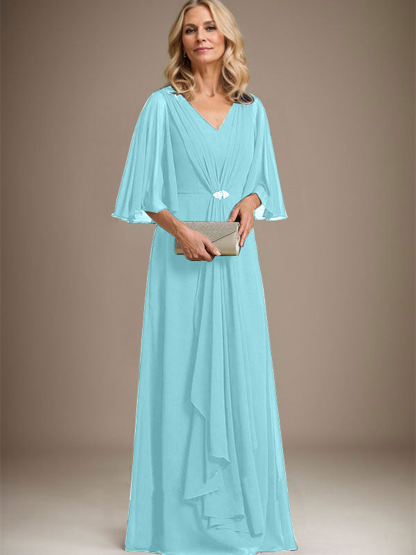 A-Line V-Neck Floor-Length Chiffon Mother of the Bride Dress with Cascading Ruffles and Crystal Brooch