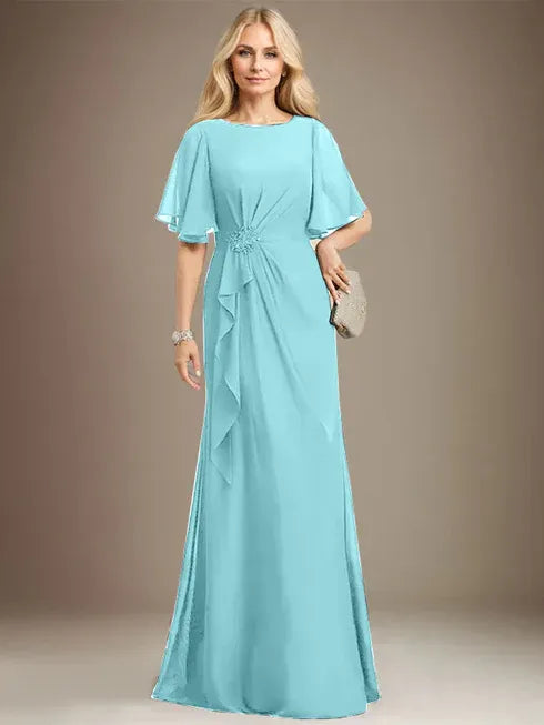 A-Line Scoop Floor-Length Chiffon Mother of the Bride Dress with Cascading Ruffles, Beading, and Sequins