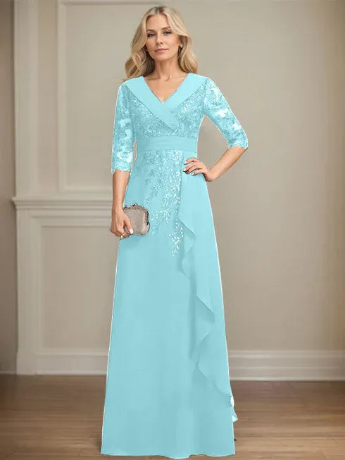 A-Line Collared V-Neck Floor-Length Lace Chiffon Mother of the Bride Dress with Sequins and Cascading Ruffles
