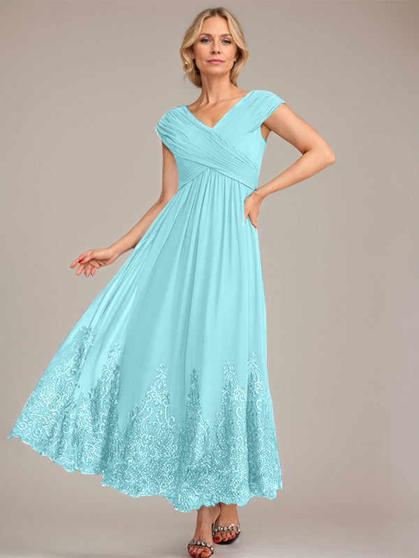 A-Line V-Neck Chiffon Mother of the Bride Dress with Appliqué and Sequins, Ankle-Length