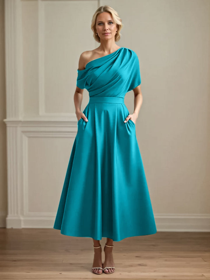 One-Shoulder Satin A-Line Pleated Ankle-Length Mother of the Bride Dress