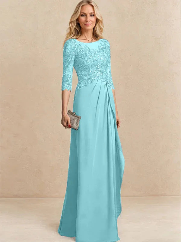 A-Line Scoop Illusion Floor-Length Chiffon and Lace Mother of the Bride Dress with Beading, Sequins, and Cascading Ruffles