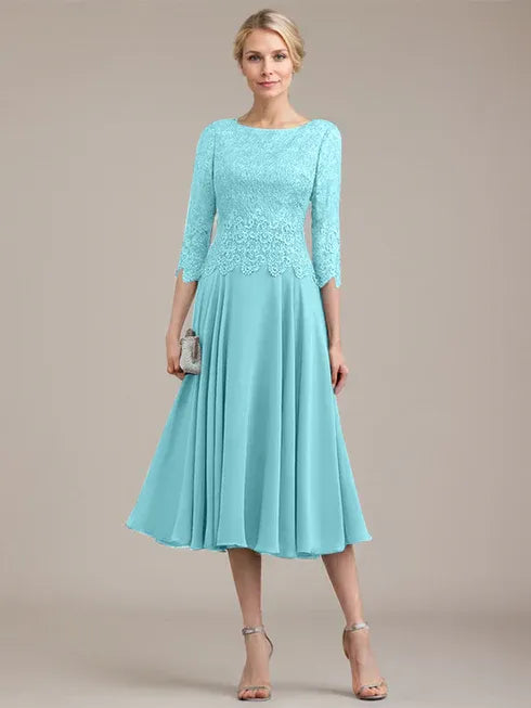 A-Line Scoop Neck Tea-Length Lace Chiffon Mother of the Bride Dress