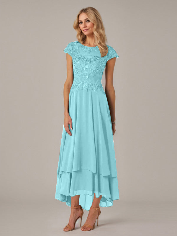 A-Line Boat Neck Illusion Asymmetrical Chiffon Lace Mother of the Bride Dress with Applique and Pleats