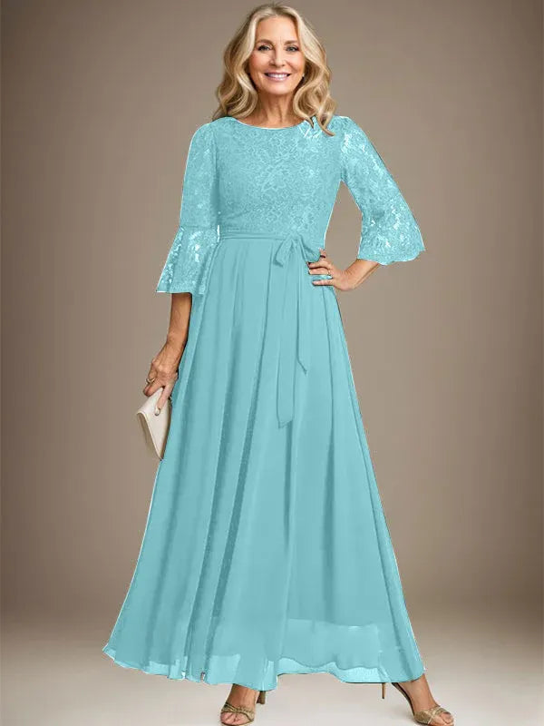 A-Line Scoop Neck Ankle-Length Lace Chiffon Mother of the Bride Dress with Bow