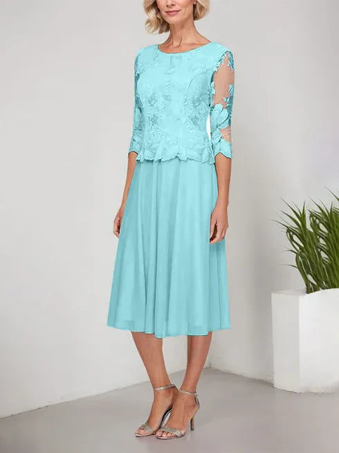 A-Line Scoop Neck Tea-Length Lace Chiffon Mother of the Bride Dress with Embroidery
