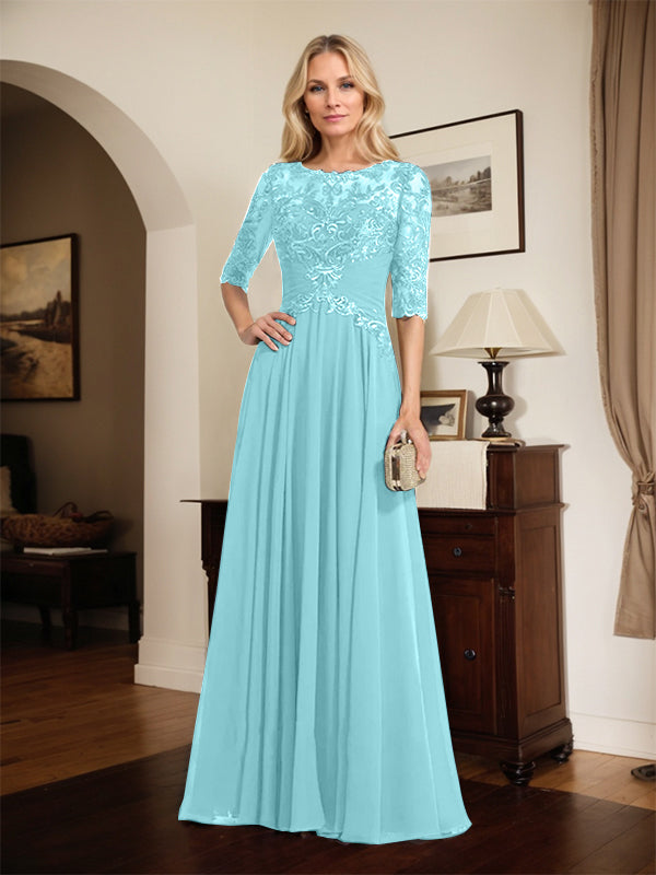 A-Line Scoop Neck Illusion Floor-Length Chiffon and Lace Mother of the Bride Dress with Pleated Sequins