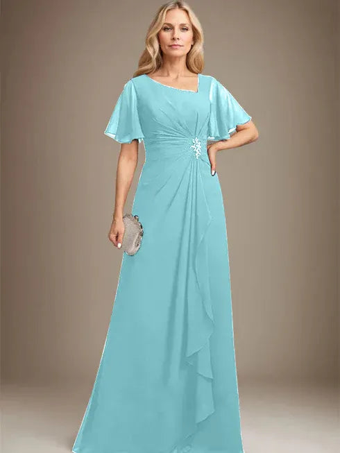 A-Line Asymmetrical Floor-Length Chiffon Mother of the Bride Dress with Pleated Beading and Sequins