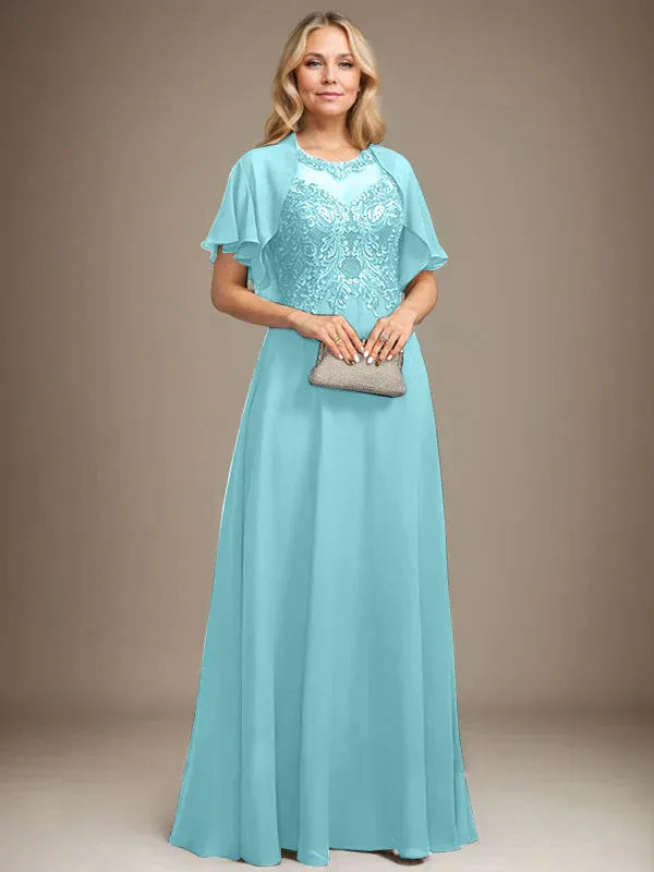 A-Line Scoop Neck Illusion Floor-Length Lace Chiffon Mother of the Bride Dress with Sequins