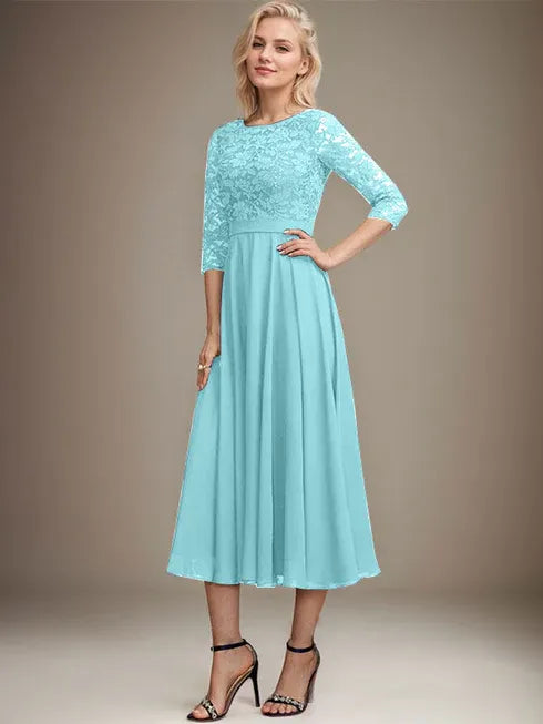 A-Line Scoop Neck Tea-Length Lace Chiffon Mother of the Bride Dress with Sequins