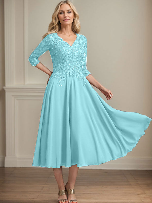 A-Line V-Neck Tea-Length Chiffon and Lace Mother of the Bride Dress with Beading and Sequins